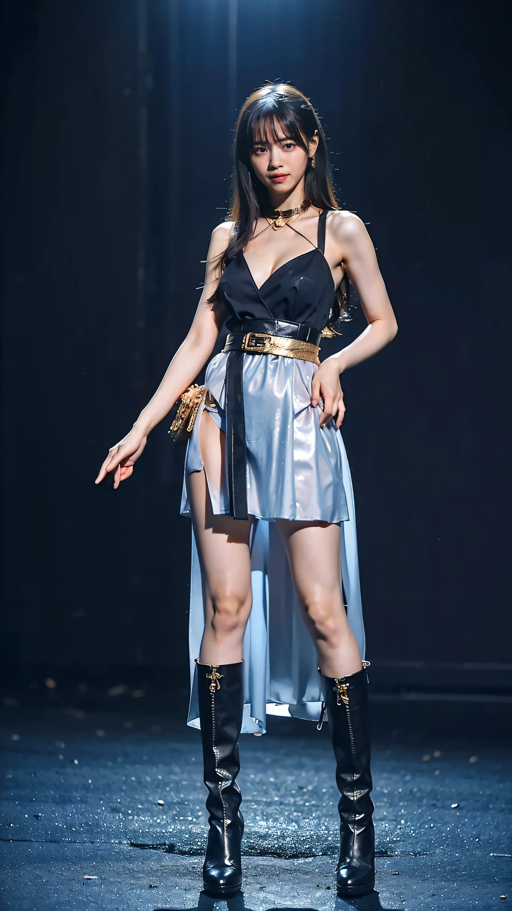 (8k、RAW Photos、highest quality、masterpiece:1.2)、(Realistic、Realistic)、1 girl、((Black and light blue dress、Gold Belt、See-through、boots、erupt、Large Breasts、View from the front、Cute Costumes、Standing with hands on hips))