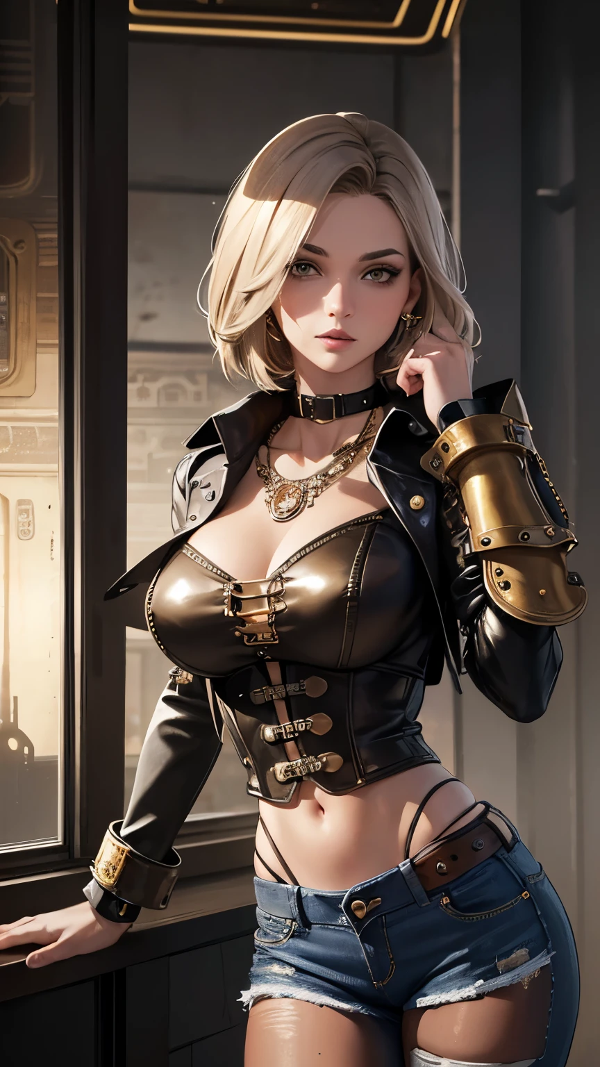 1girl, short white hair(punk), glowing eyes, pink eyes, pale skin, blue veins, wearing leather bodice, steampunk, intricate detail, chiaroscuro, absurdres, high res, ultrasharp, 8k, masterpiece, looking at viewer
