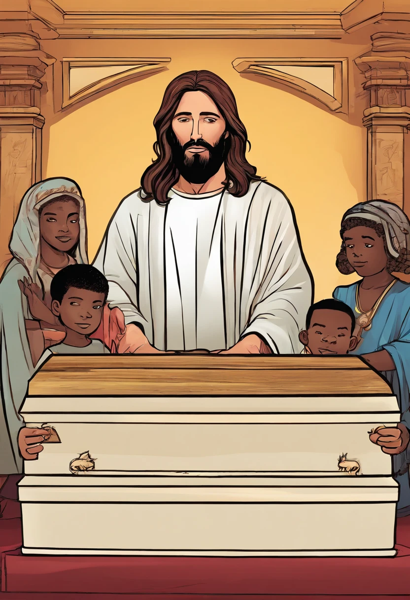 Cartoon of Jesus Christ with 2 dark-skinned children with brown hair next to a coffin, praying with a camandula in hand in a funeral home