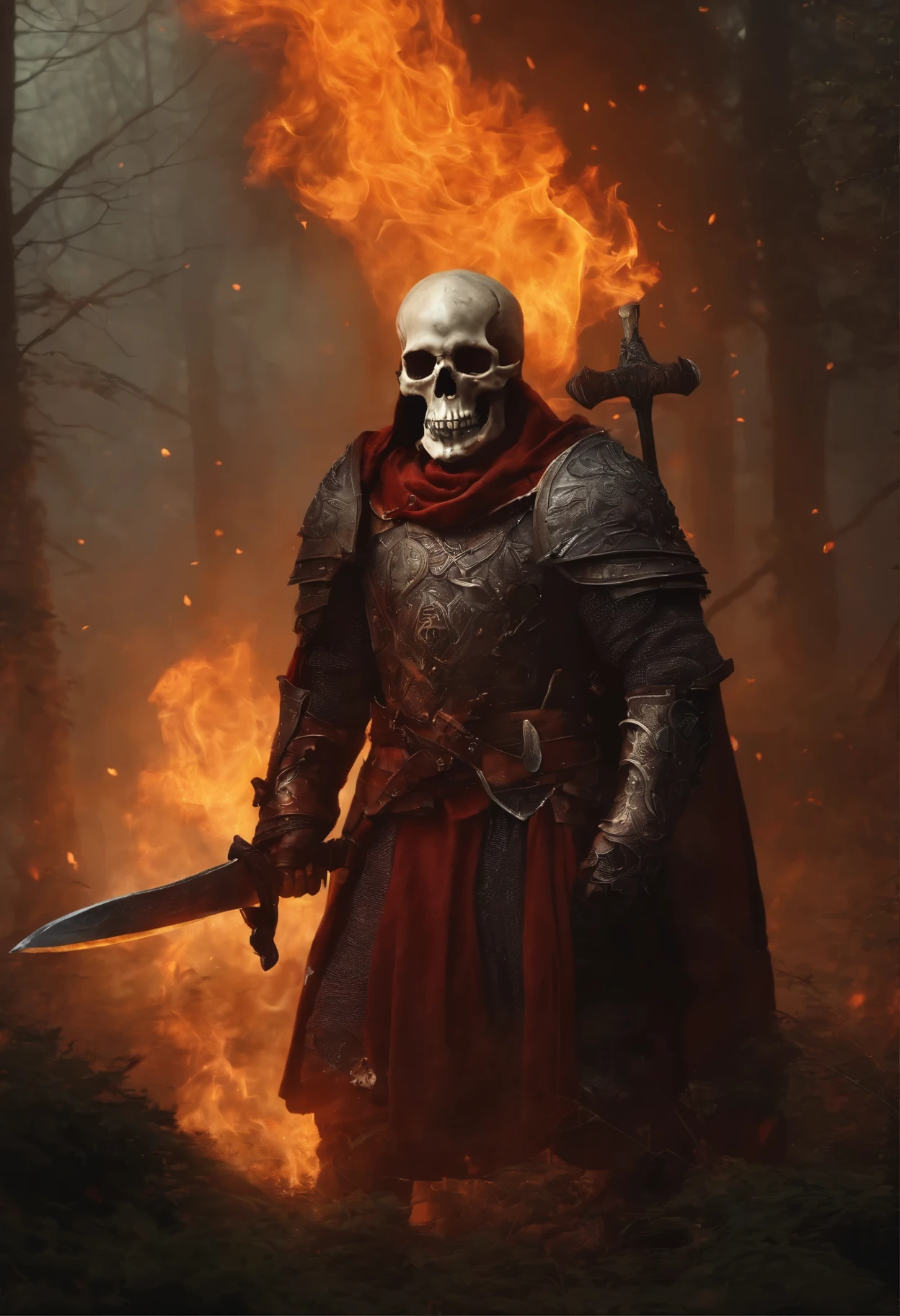 skull, flames, florest, medieval, gigant, axe, armor, fog,