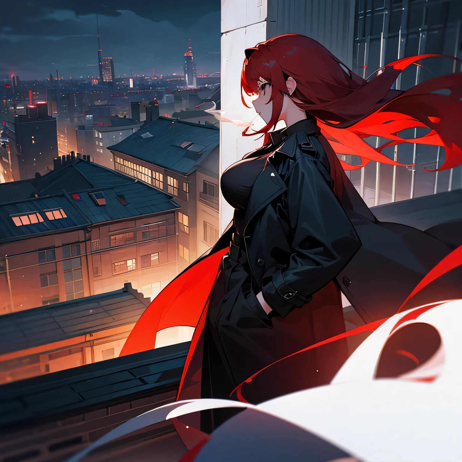 Wind、night、rooftop、Back view、Have a cigarette in your mouth、Hand pockets、Black trench coat、Red hair、Big Breasts、woman、whole body