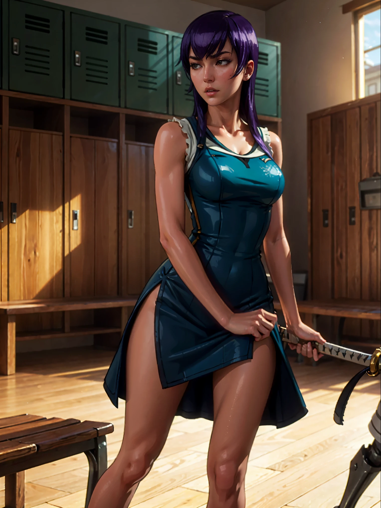 Very detailed, high quality, masterpiece, beautiful, saeko, long legs, 1 hand with wooden sword, 1 hand between the legs, long dress, avierto dress, long purple hair, high school dress, medra sword, sword in hand, full body, wide shot, gym, lockers, alone, closed room, style, (erotic atmosphere), very detailed, high quality, masterpiece, beautiful, 1 girl, standing, seen from below, prosthesis, sexy saeko, skirt, skirt moving, sword pointing, brown and green dress, full body, (best quality)), ((masterpiece: 1.2) ), (extremely detailed: 1.1), (8k, high quality, cinematic, hyper-realistic, illustration), (autodesk maya, octane rendering, unreal engine, game character, ray tracing, hdr), (16mm focal length, f/4 aperture, dynamic perspective, depth of field), (1 girl, dynamic angle , casting pose. saeko, big breasts and small hips, hidden masturbation, looking at the viewer, red cheeks, high heels, long open skirt, visible breasts and vagina, gym, benches and lockers around her), 3d, realistic, CG , 3D model, beautiful, elegant, safe (hdri, bloom, edge lighting, soft lighting, discreet.  ), zhongfenghua, delicate\(sex\)