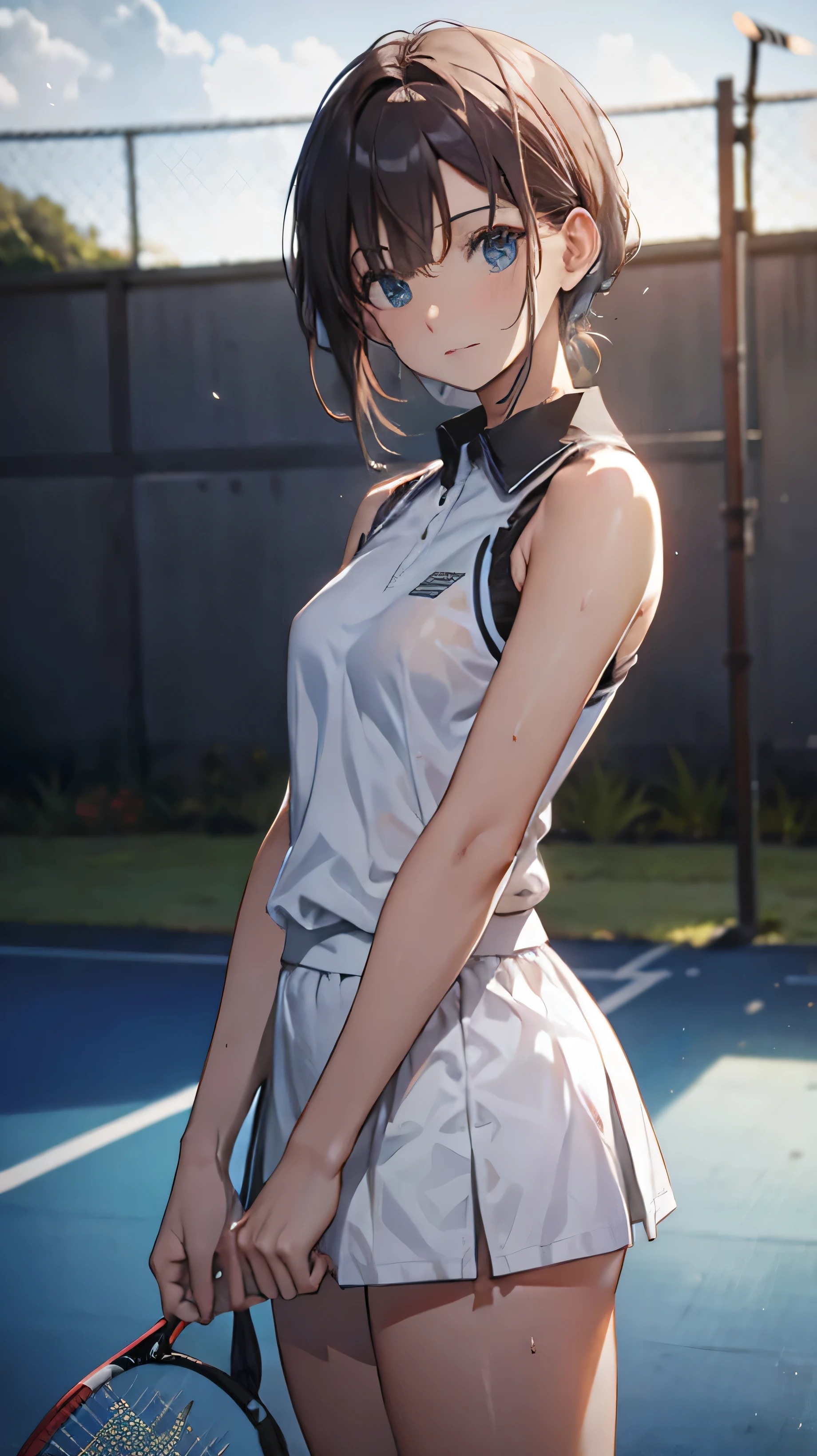 Official Art, unity 8k wallpaper, Very detailed, masterpiece, highest quality, 1 female, (Very detailed),(RAW Photos、highest quality)、(Realistic、Photorealistic:1.3)、Attention to detail、Very detailed complex 3D rendering of a face、(Very detailed肌:1.2)、Dynamic Angle, Fire glow effect, Professional Lighting, Side light, Cinematic Light, 超A high resolution, 8k , Film Grain,Best Shadow, Particles of light, Fine skin, Detailed face, Intricate details, Very detailed, Shine, please remember、whole body, Tennis court、Beautiful Face、Blurred Background、18 year old beautiful girl、Shiny skin、thin、Nice body、Delicate body、Thin legs、Narrow waist、Tennis uniform、Sweat、Daytime、Small breasts