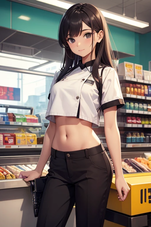 Cashier girl, crop top cashier uniform, showing navel, low rise pants, convenience store, behind the cashier, 40 years old ,
