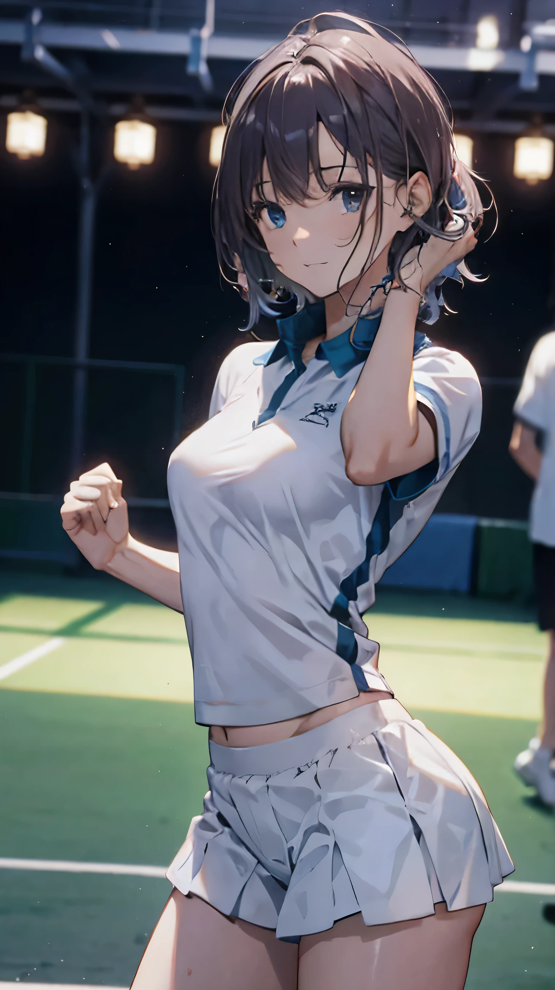 Official Art, unity 8k wallpaper, Very detailed, masterpiece, highest quality, 1 female, (Very detailed),(RAW Photos、highest quality)、(Realistic、Photorealistic:1.3)、Attention to detail、Very detailed complex 3D rendering of a face、(Very detailed肌:1.2)、Dynamic Angle, Fire glow effect,  Professional Lighting, Side light, Cinematic Light, 超A high resolution, 8k , Film Grain,Best Shadow, Particles of light, Fine skin, Detailed face, Intricate details, Very detailed, Shine, please remember、whole body, Tennis court、Beautiful Face、Blurred Background、18 year old beautiful girl、Shiny skin、thin、Nice body、Delicate body、Thin legs、Narrow waist、Tennis uniform、Sweat、Daytime、Small breasts