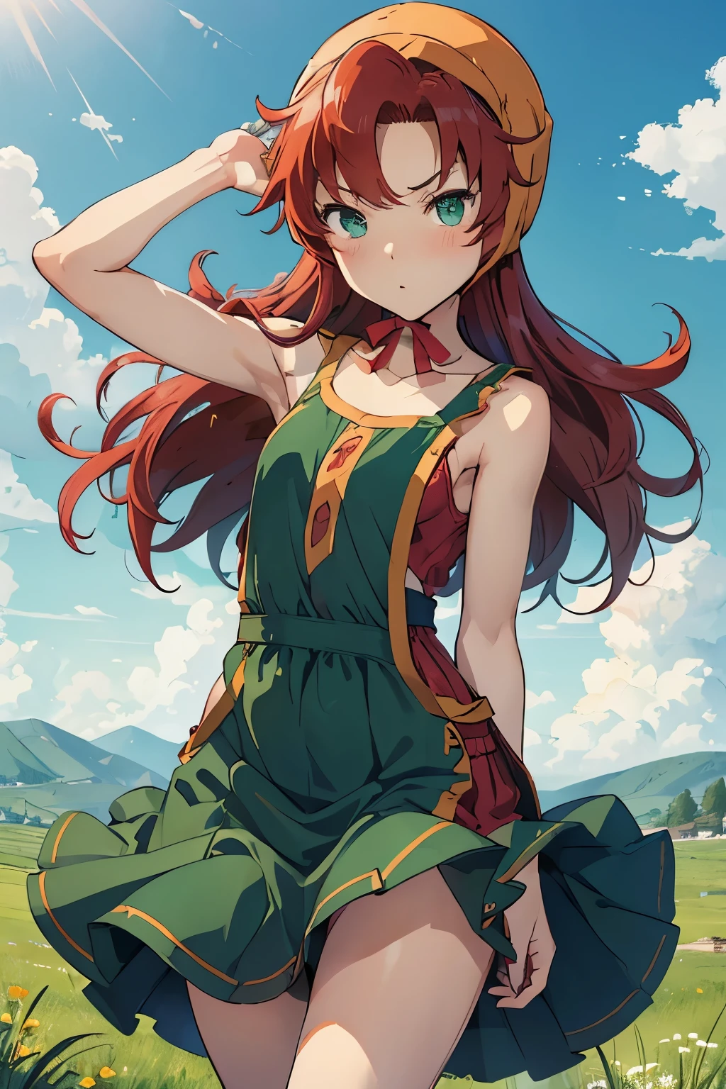 High resolution、highest quality、Small stature、Small shoulders、White skin、long hair、slender、maribel、 red hair、hood, (green dress)、Green Mini Dress、Big slit、blush、Thin thighs、(White panties)、The strong wind is blowing up her skirt、Panties are visible、Daytime Grassland