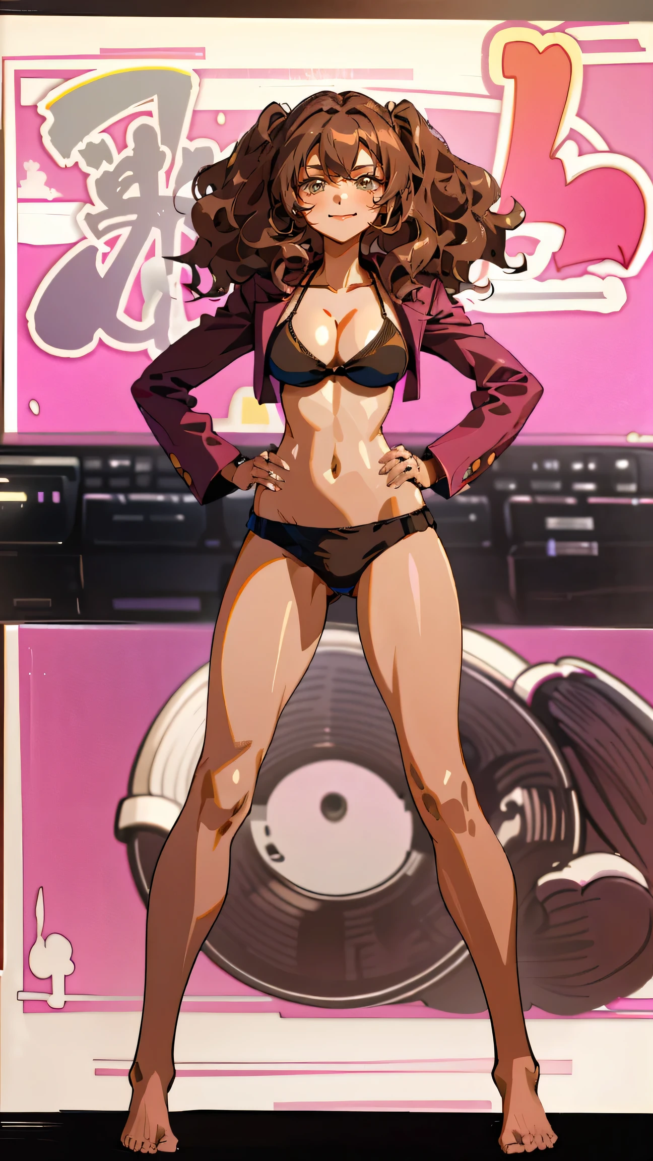 Masterpiece, best quality, Masterpiece, best quality, 1 woman, wavy brown hair, smile , sly face , pink bikini , abdomen, big breasts , Long legs , Barefoot , hands on hips , convenience store