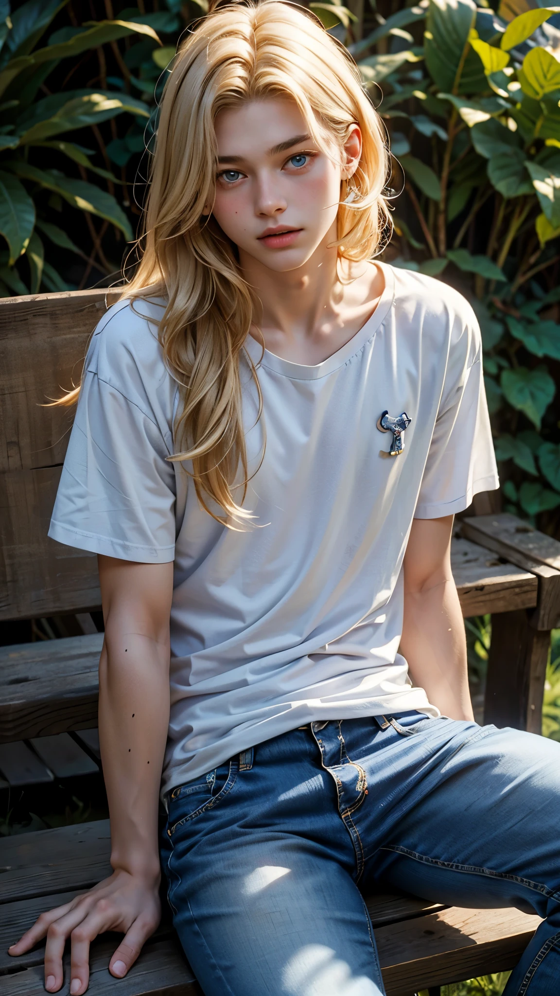 Cute 18 year old boy, blonde, blue eyes, very cute, polka dot t-shirt, jeans, sitting, very handsome, long hair, straight hair, straight hair