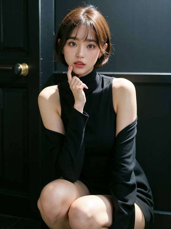 patterned long sleeve dress、Tabletop、(Black wall on background、In front of the black door:1.4)、((highest quality、8k、masterpiece:1.3))、Japanese woman in her 38s、Ultra-high resolution、(photoGenuineistic:1.4)、RAW Photos、Japanese,(face)、Genuine、Photographed in natural light、Highly detailed face and skin texture、(black eye)、Highly detailed lips、The correct state of the human body、Shortcuts、short hair、short hair、Brown Hair、Various poses、Natural color lip、(She is facing to the left:1.2)、Doing squats、I'm sweating all over、