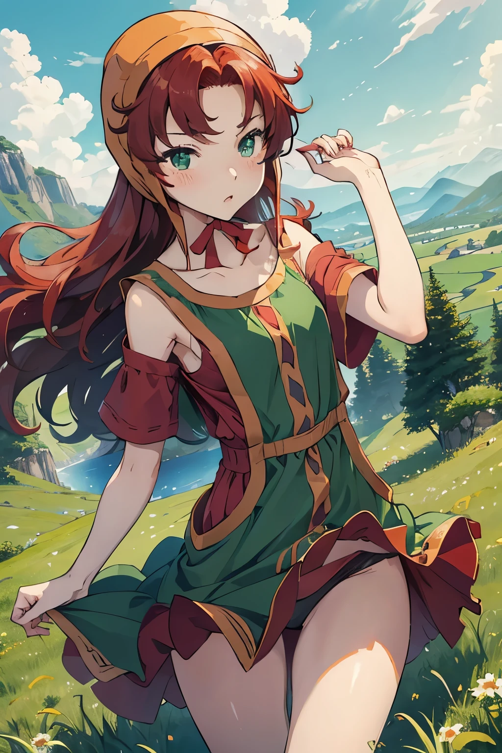 High resolution、highest quality、Small stature、Small shoulders、White skin、long hair、slender、maribel、 red hair、hood, (green dress)、Green Mini Dress、Big slit、blush、Thin thighs、White panties、The strong wind is blowing up her skirt、Daytime Grassland