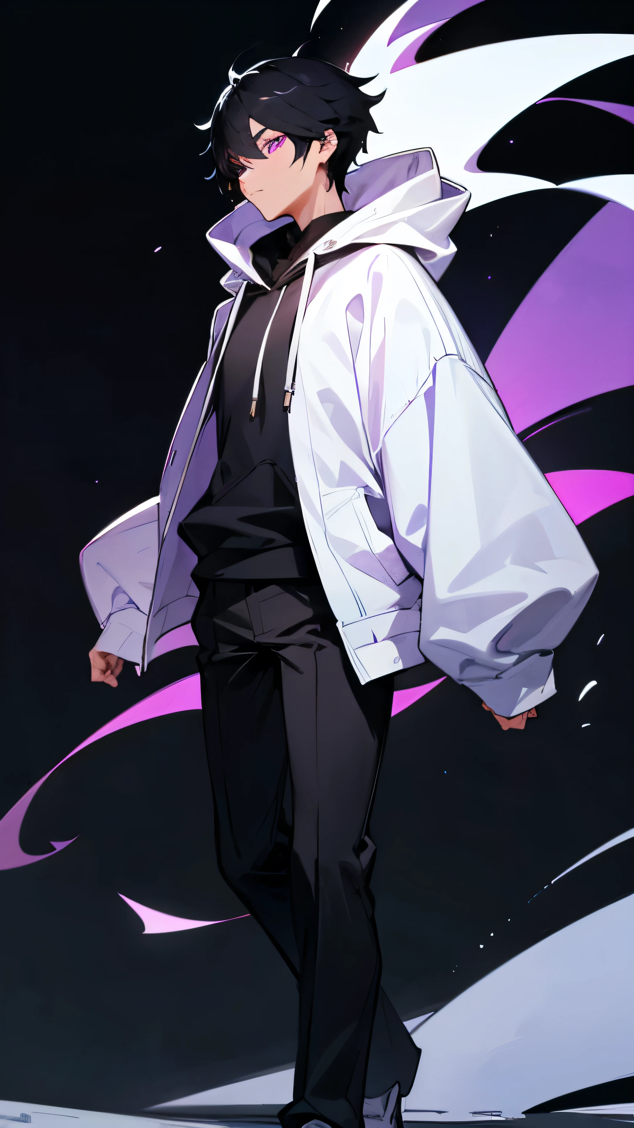 a man has black hair, purple eyes, wears a white hoodie, wears black pants, he walks alone in the park at night.