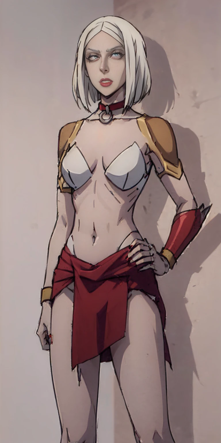 girl, erect nipples,((very long nipple)), pelvic curtain, cloak,groin,((flat chest)),slender,long hair,(),white hair,(((helmet))), city street, collar, handcuffs, stand,open legs