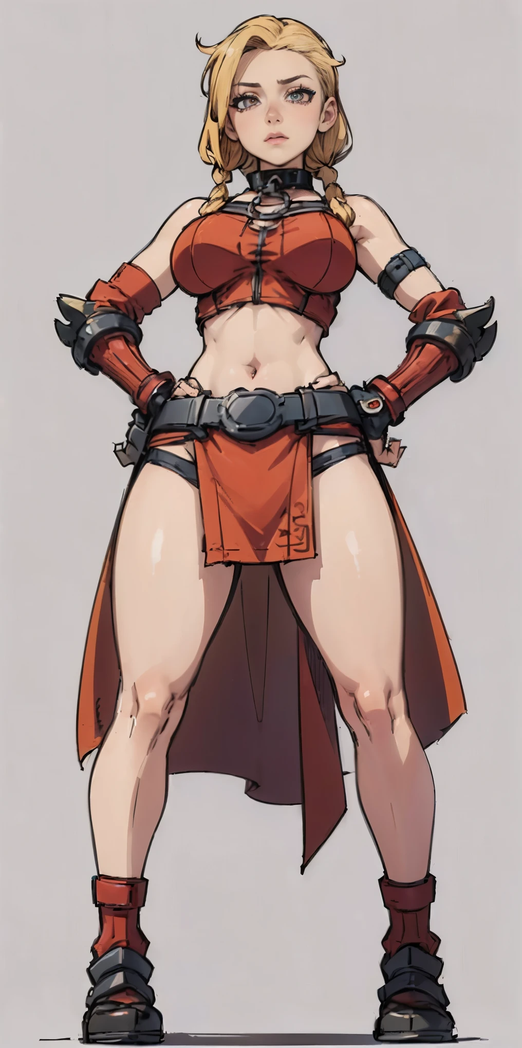 ((Plain background 1:2)) (Cammy White Street Fighter 6) Female full body standing straight symmetrical looking to the viewer RED full body armored (handcuffs, shackles, rerebrace, faulds, poleyn, gauntlets, leather collar choker) big belt under belly button, navel, belt over belly button, ((hands on hips)), loincloth, pinched eyes, (big-:1.5) thin legs, thin body, view from below, wide hips