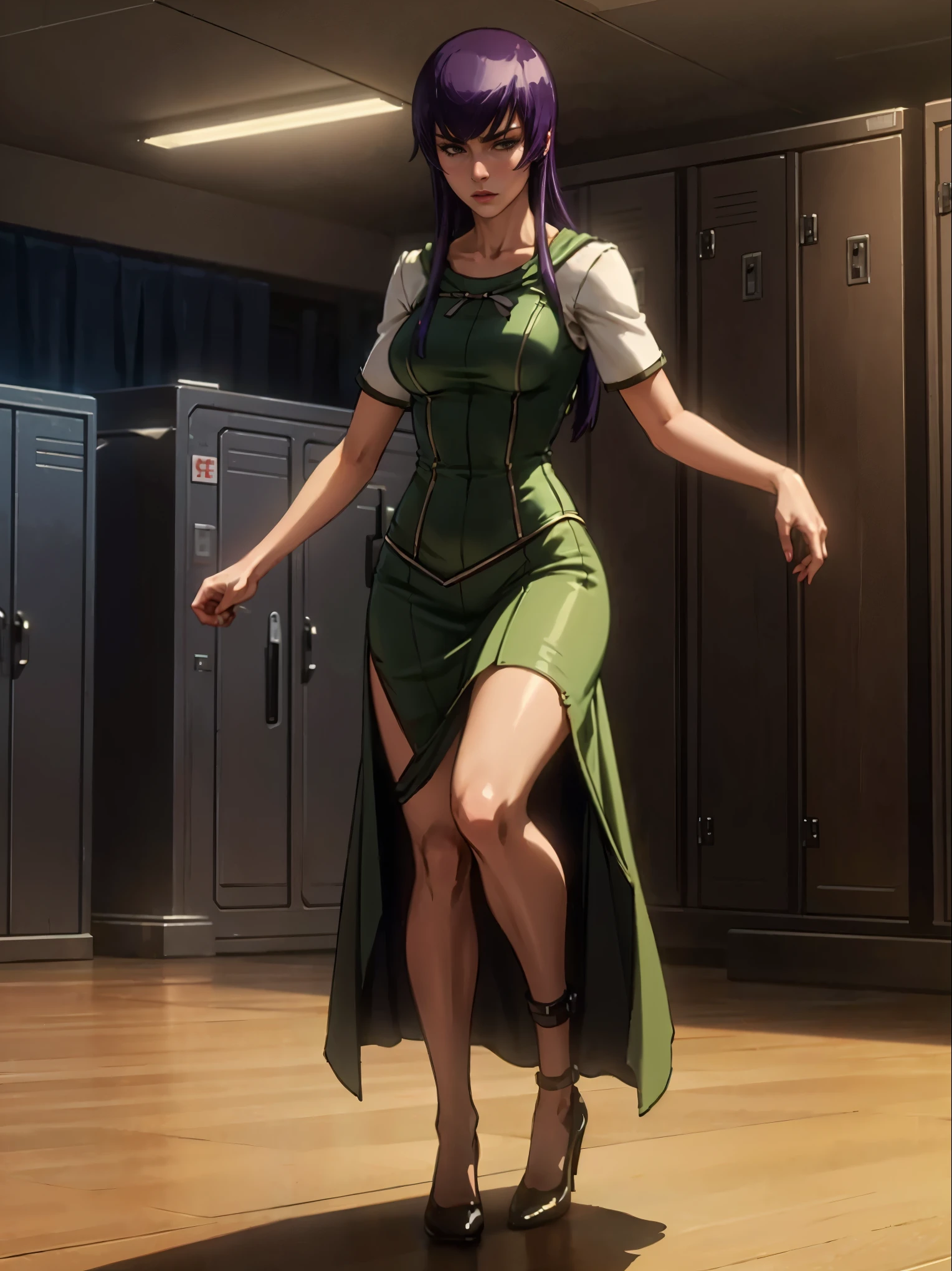 Very detailed, high quality, masterpiece, beautiful, saeko, long legs, 1 hand with wooden sword, 1 hand between the legs, long dress, avierto dress, long purple hair, high school dress, medra sword, sword in hand, full body, wide shot, gym, lockers, alone, closed room, style, (erotic atmosphere), very detailed, high quality, masterpiece, beautiful, 1 girl, standing, seen from below, prosthesis, sexy saeko, skirt, skirt moving, sword pointing, brown and green dress, full body, (best quality)), ((masterpiece: 1.2) ), (extremely detailed: 1.1), (8k, high quality, cinematic, hyper-realistic, illustration), (autodesk maya, octane rendering, unreal engine, game character, ray tracing, hdr), (16mm focal length, f/4 aperture, dynamic perspective, depth of field), (1 girl, dynamic angle , casting pose. saeko, big breasts and small hips, hidden masturbation, looking at the viewer, red cheeks, high heels, long open skirt, visible breasts and vagina, gym, benches and lockers around her), 3d, realistic, CG , 3D model, beautiful, elegant, safe (hdri, bloom, edge lighting, soft lighting, discreet. ), zhongfenghua, delicate\(sex\)