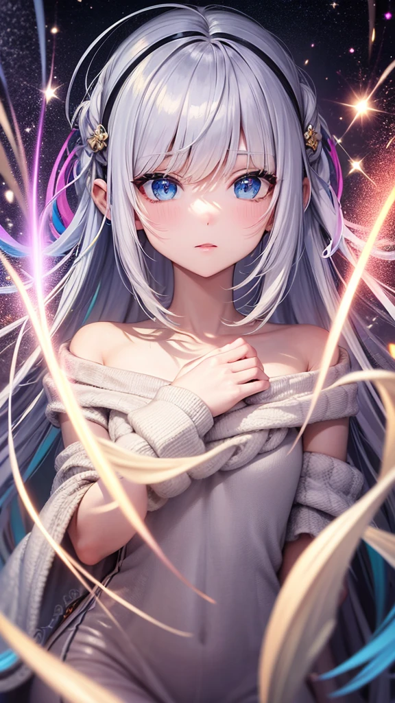 masterpiece, best quility, high_quality, high_resolution, masterpiece*portait, whitespace, colorful, 1girl, solo, white_hair, prism hair, [pink|green] eyes, gradient eyes, multicolored eyes, glowing eyes, glowing, glitter, glowing white particles, wind lift, full_body, serious,