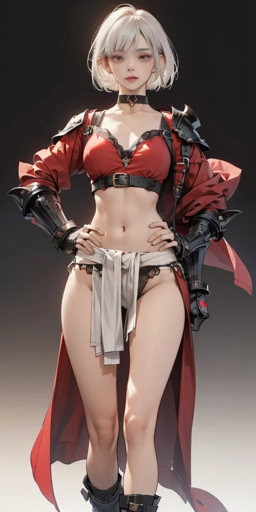 ((Plain background 1:2)) (Cammy White Street Fighter 6) (white silver short bob haircut) Female full body standing straight symmetrical looking to the viewer RED full body armored (handcuffs, shackles, rerebrace, faulds, poleyn, gauntlets, leather collar choker) big belt under belly button, navel, belt over belly button, ((hands on hips)), loincloth, pinched eyes, (big-:1.5) thin legs, thin body, view from below, wide hips