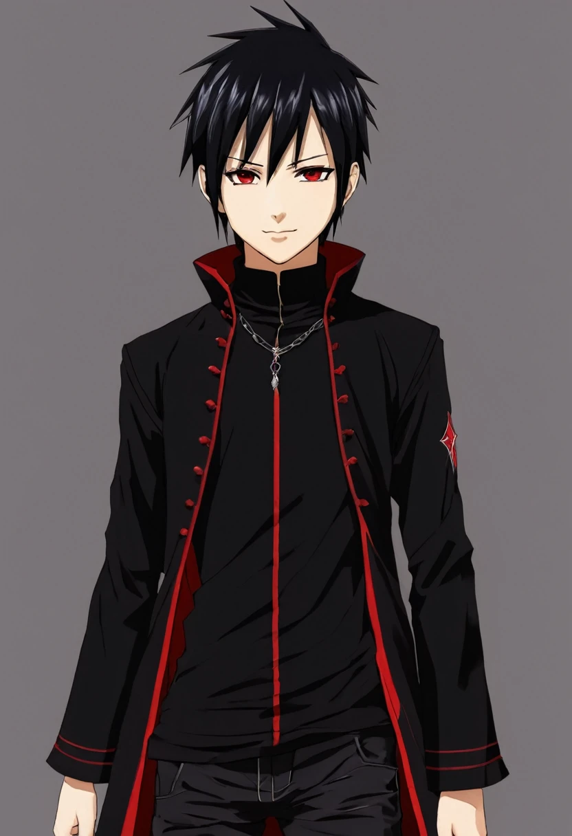 A young wizard with short spiky black hair and black clothes with red details anime style hd