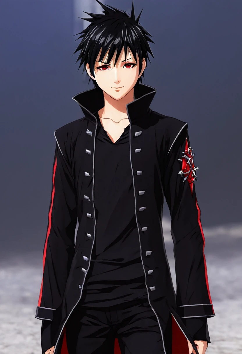 A young wizard with short spiky black hair and black clothes with red details anime style hd
