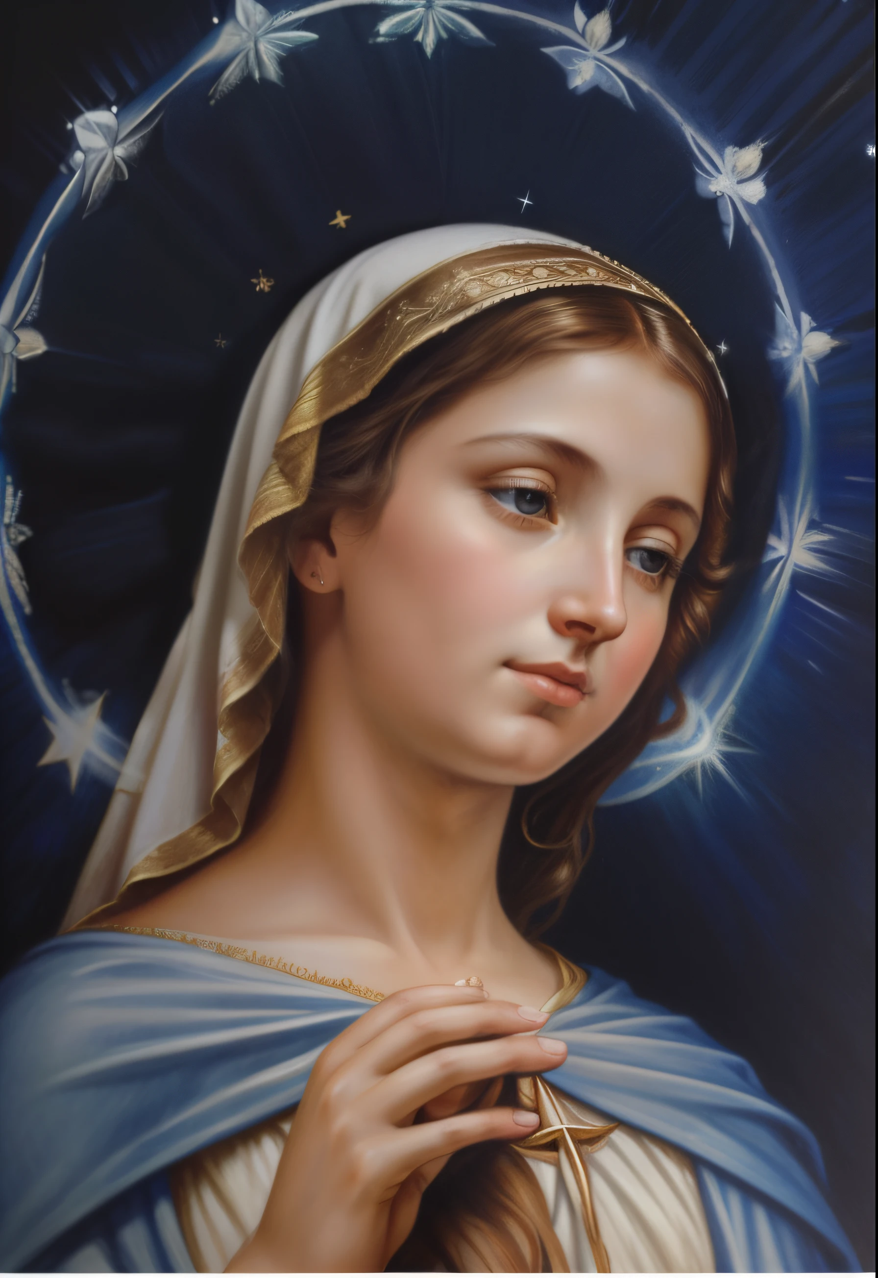 (((Bienheureuse Vierge Marie du Mont Carmel))) Light, dans un style proche de celui de l'artiste WILLIAM ADOLPHE BOUGUEREAU, chef-d'artwork, (La meilleure qualité: 1.2), (super bien: 1.2), illustration, (Extremely delicate and beautiful: 1.2), Angle de film, flottant, (Beautiful eye for detail: 1.1), (light detail: 1.1), Cinema lights, Delicate Skies, yeux bleus, (Queue de cheval haute: 1.1), couche, Ojuelos, starry sky, (light particles: 1.1) dessin, fleur. (chef-d'artwork), (La meilleure qualité), (photorealistic:1.3), 8k, detailed skin texture, Detailed fabric texture, beautiful detailed face, intricate details, Ultra detailed (corps entier:1.2)
