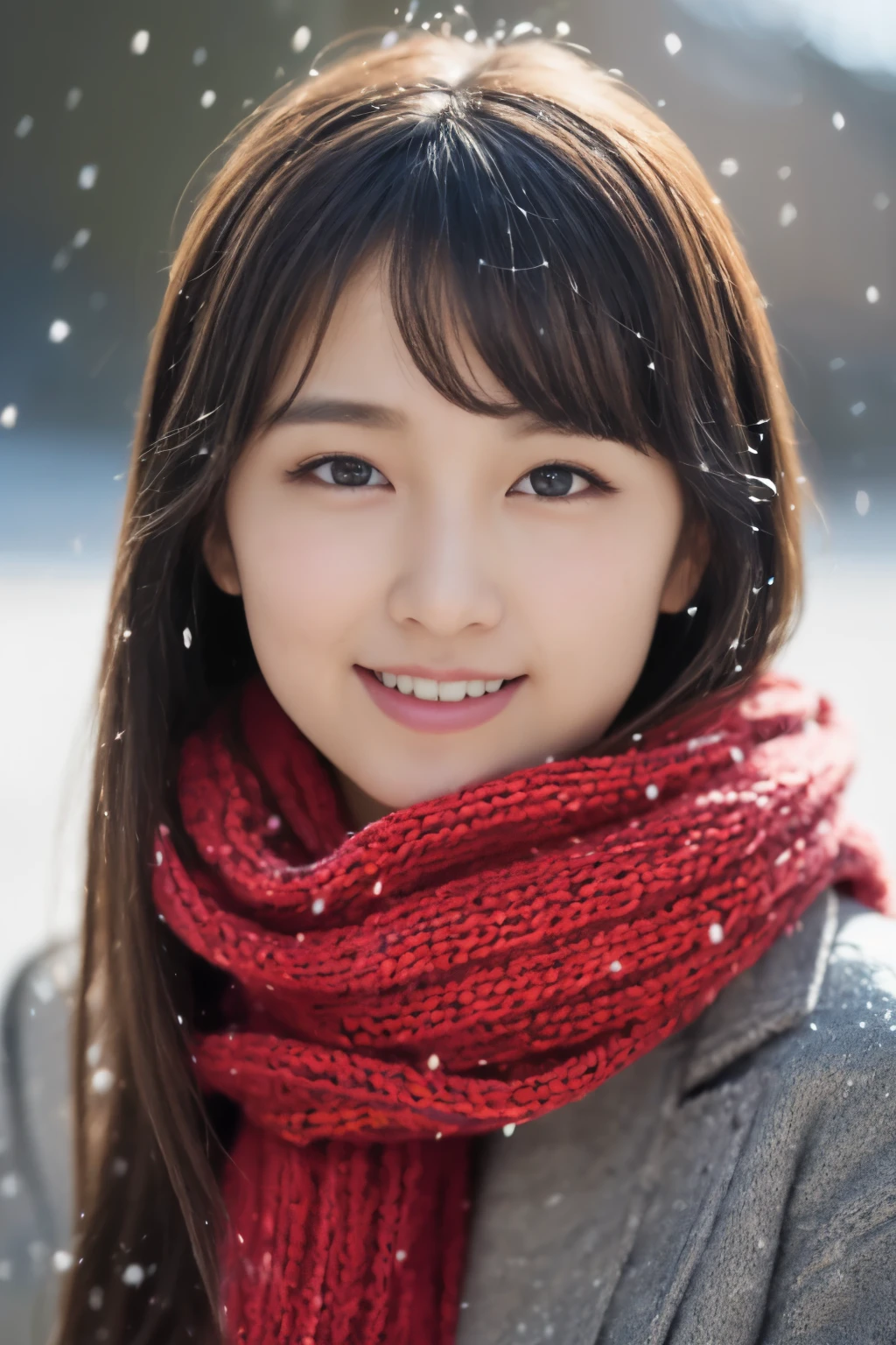 ((Show face only、Close-up of face、no-makeup))、(realisitic、Photorealsitic、ultra-detailliert、Highest Details Skins、top-quality、​masterpiece、超A high resolution)、Cute Japan Woman、17 age、hi-school girl、younggirl、1 girl in、I have bangs、double eyelid、drooing eyes、Large black eyes、Japanese style face、ssmile、Charming、purity、Straight face、double tooth、View here、Realistic skin type、Thick muffler、Grey muffler、fluffy hair、((Hair is inside the scarf:1.3))、Red cheeks、The wind is blowing、It's snowing、illuminations、Lighting from behind