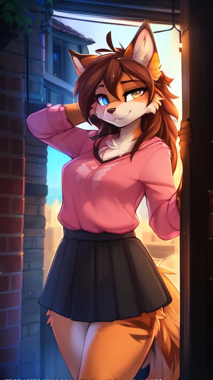 by Kilinah, by Coffeesoda, by Hioshiru, by Kilinah, uploaded E621, beautiful and detailed portrait of a woman (((female))) anthro cat, lighting Zenematic, seductive, bl, cat, thighighs, big chest, full body, beautiful, messy hair, brown hair, white eyes, thicc, solo, standing, long hair, 2-tone hair ((orange | black)), cat ears,  Totora, Totora, Thighighs, Calico cat, Heterochromia ((green | blue)), pink crop top with long sleeves, black skirt, dark alley, bent over