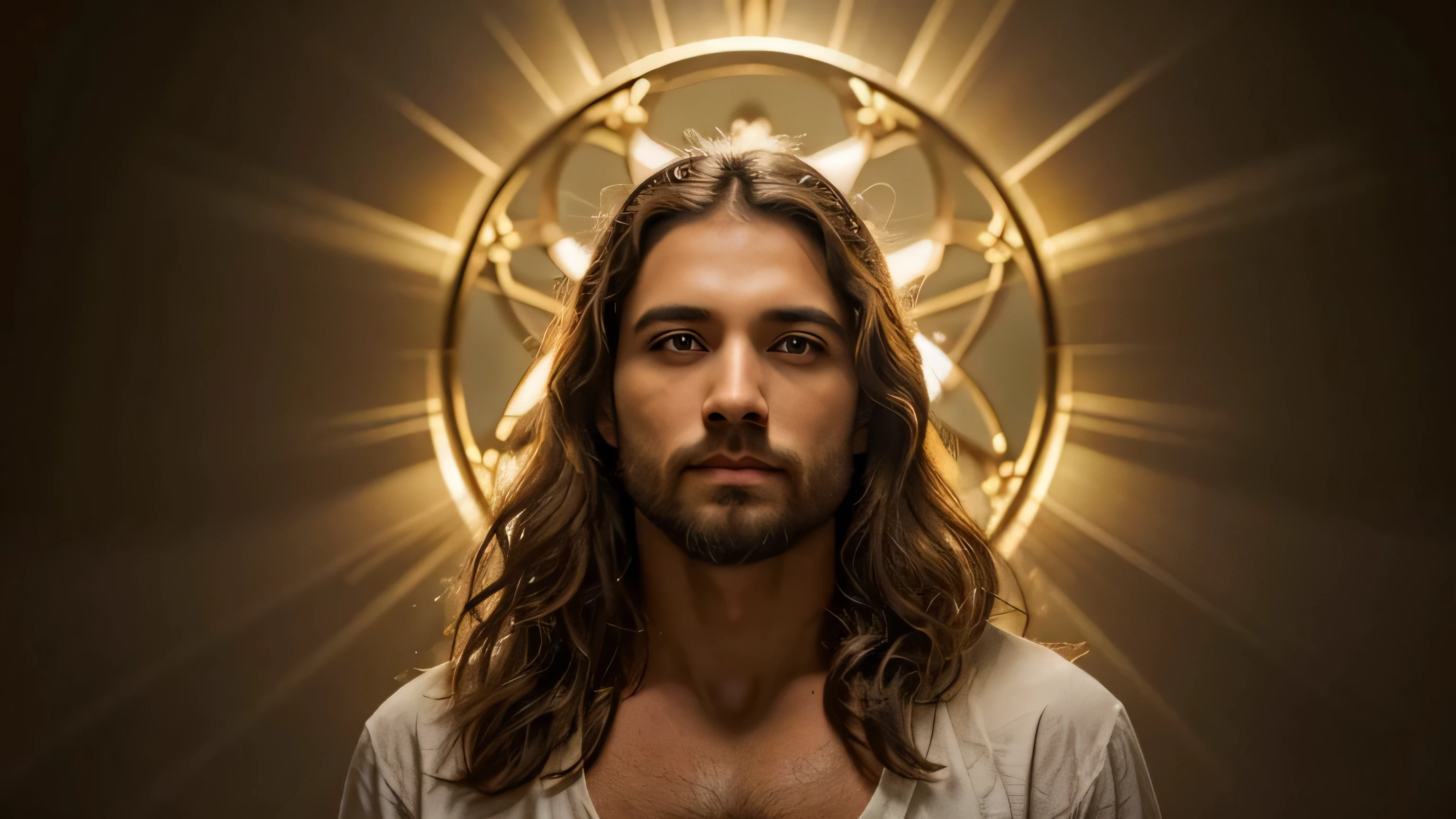 Desenhe uma imagem de Jesus Cristo sexo  masculino com um semblante luminoso e acolhedor, envolto em uma aura de luz suave. Ele deve ser retratado de maneira serena e compassiva, with eyes expressing understanding and love. The light around him should radiate a sense of peace and hope, transmitindo a ideia de sua divindade e bondade para aqueles que olham para a imagem."