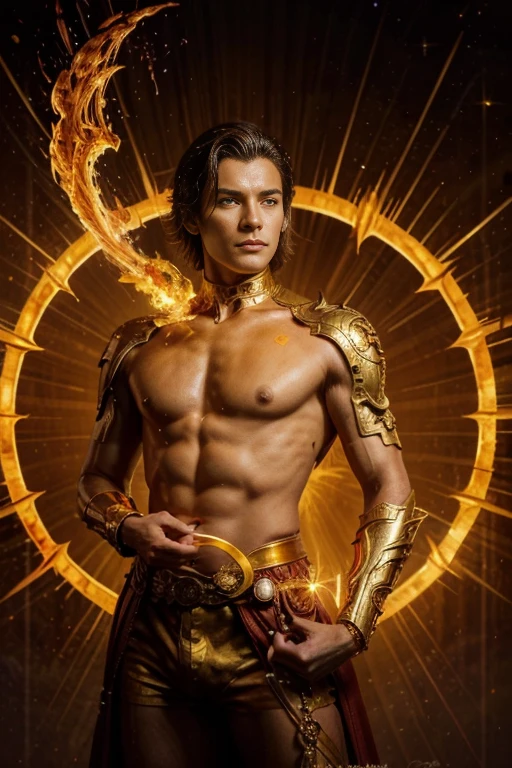 A male human figure who personifying the tarot of The Sun, dressed in orange, gold yellow, rich amber and amber rayed red, collecting intelligence, The Lord of the Fire of the World, Sun, Caza art, digital art