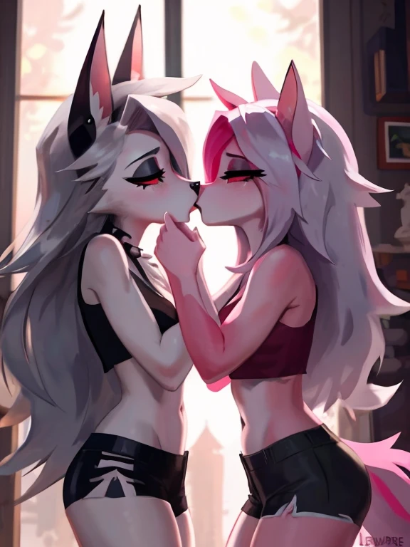 Duo, threesome, group sex, score_9,score_8_up,score_7_up, source_cartoon, kemono style, two girls, Anthro furry hellhound, loona from helluva boss, furry body, naked, white eyes, red sclera, blowjob they are both sucking faceless human males cock, human male cropped out, collaborative fellatio, side view