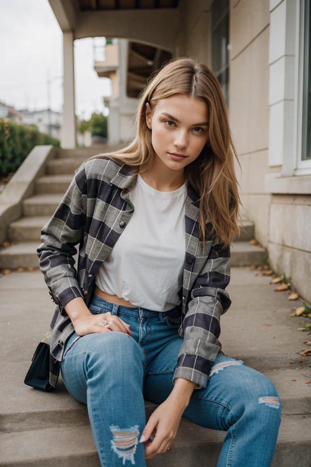 blond woman sitting on steps wearing a plaid jacket and ripped jeans, elegant girl in urban outfit, sophisticated young woman, casual pose, girl in a suit, infp young woman, wearing elegant casual clothes, aleksandra waliszewska, girl in suit, magdalena radziej, wearing casual clothing, casual photography, young blonde woman, 50mm portrait