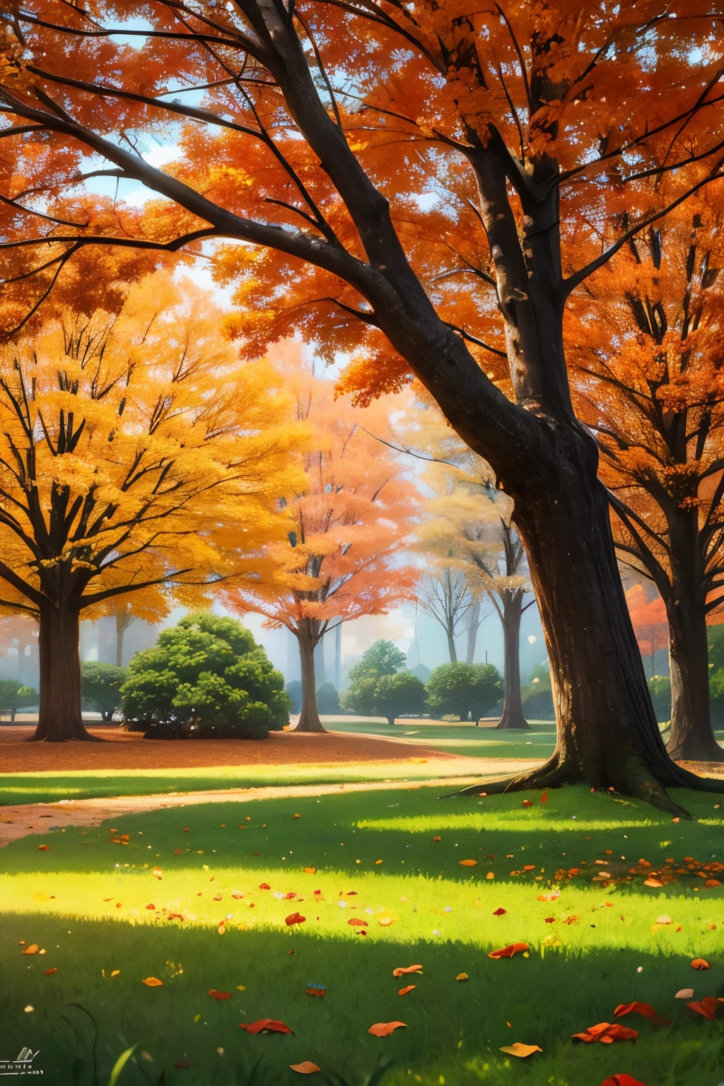 (best quality,4k,8k,highres,masterpiece:1.2),ultra-detailed,(realistic,photorealistic,photo-realistic:1.37),fall,Autumn,beautiful detailed leaves,slight breeze,colorful foliage,gentle sunlight,crisp air,rustling sound of leaves,falling leaves swirling in the wind,leaves carpeting the ground,gorgeous golden hues,bright orange and red tones,faint scent of earth and nature,fading green grass,tranquil park,peaceful atmosphere,trees with changing colors,falling acorns,sqirrels gathering food for winter,tranquil water reflecting autumn colors,shadows on the ground from tree branches,autumn landscape with a winding path,vibrant and warm color palette,capturing the beauty of nature in its transition,blending realism and artistic vision,capturing the essence of autumn in a still image,vivid colors that evoke a sense of nostalgia.