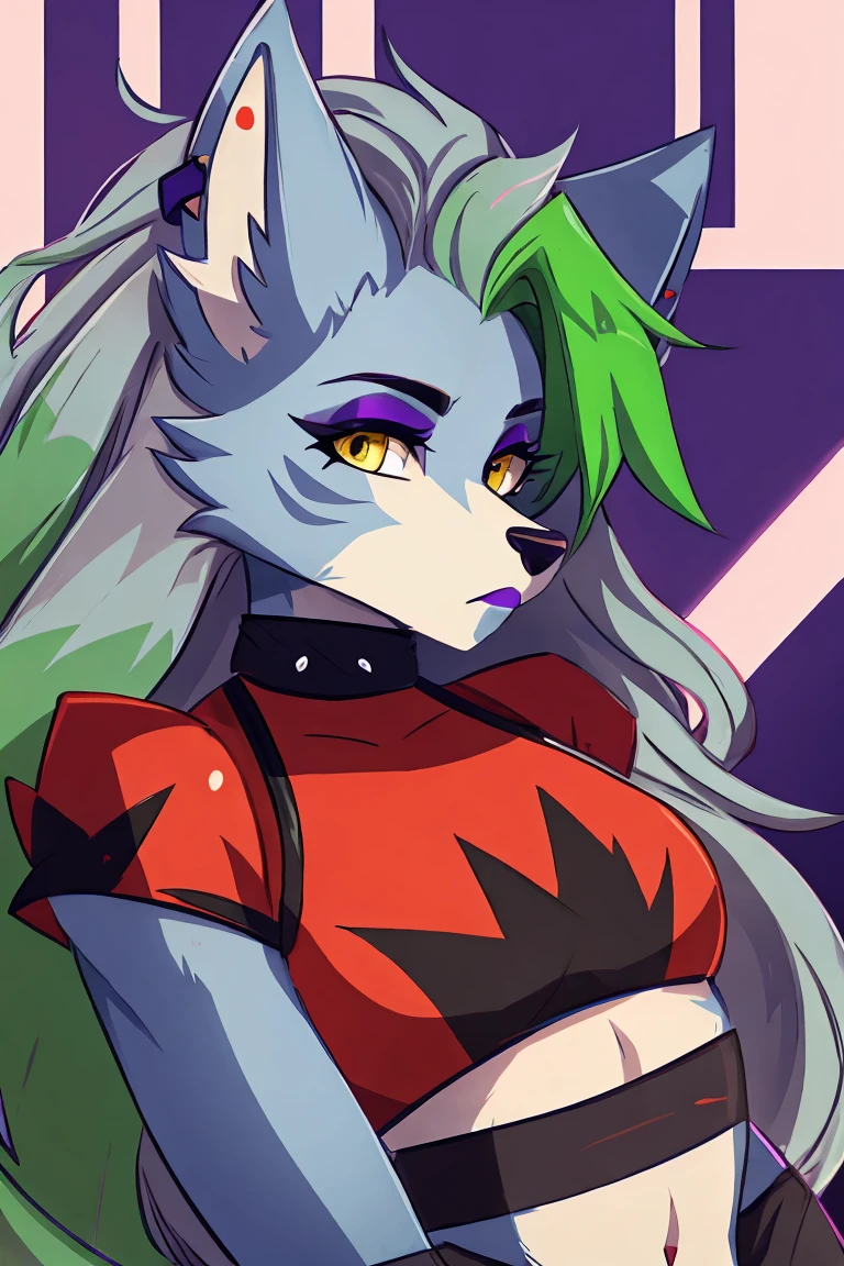 best quality, fnafroxanne, furry female, body fur, makeup, wolf ears, wolf tail, grey hair, green hair, yellow eyes, crop top,