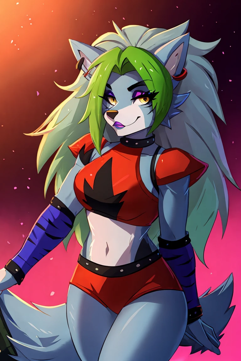 best quality, fnafroxanne, furry female, body fur, makeup, wolf ears, wolf tail, grey hair, green hair, yellow eyes, crop top,