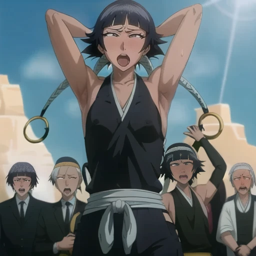 ( Animation screenshots:1.1),(Super delicate skin),(Ahegao), (flat chest:1.4), (The nipples can be seen through the clothes),(muscular:1.35),flirtatious, 1 female, solitary, Black flowing hair, eternal, Japanese clothing, No underwear,Small Breasts, No eyeballs, For the audience, Looking at the audience, tired, From below, (Exposed armpit:1.1), ((armpit:1.2)), Sexy pose, (sweat),(More and more sweat),(Ahegao), (Roll your eyes), Naughty face, blush, open mouth, Sticking out tongue, saliva, Slobber,Runny nose,Sloppy person,Skinny
