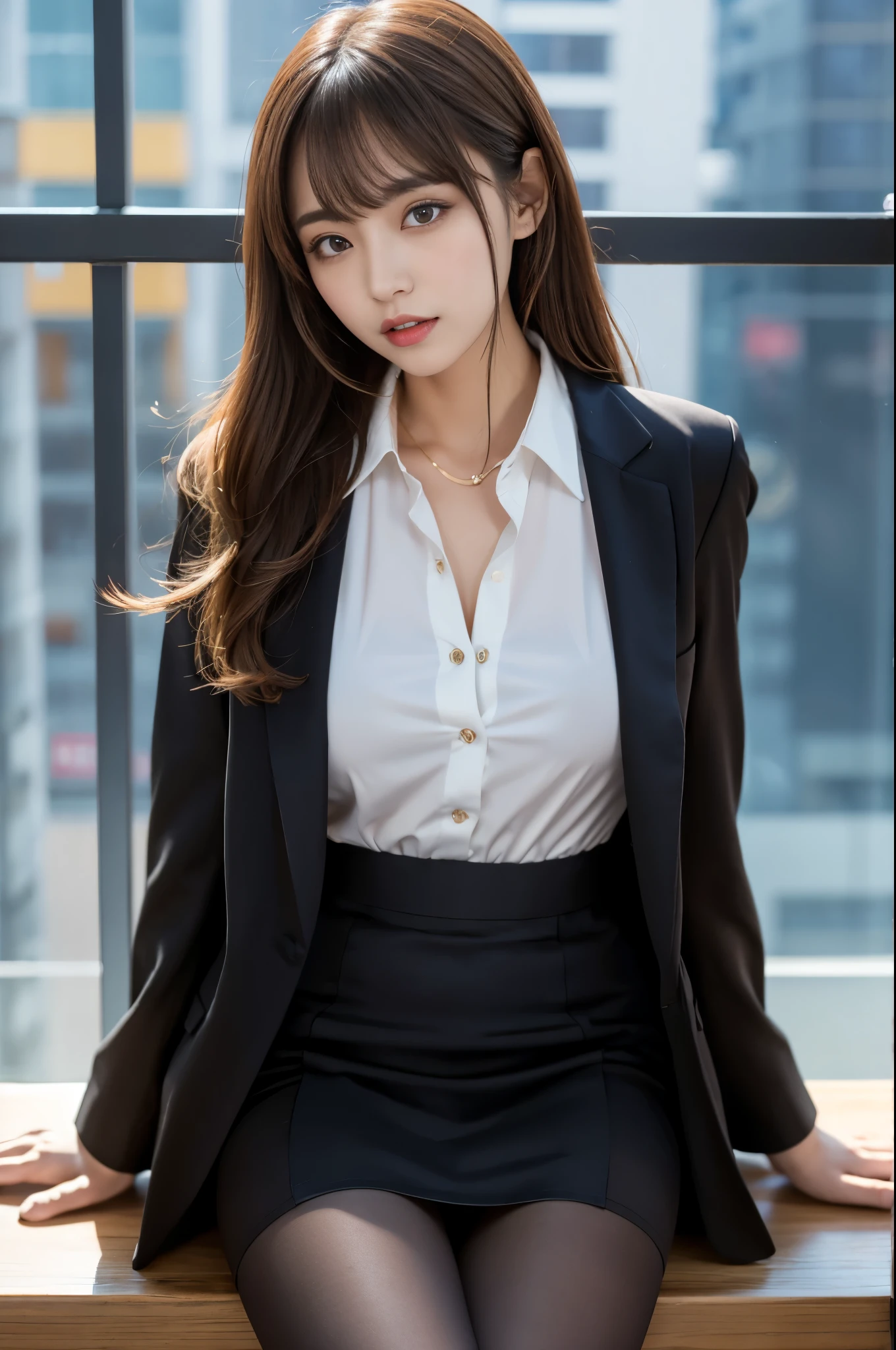 1 woman, alone, pantyhose, brown eyes, looking at viewer, (사무실 숙녀 suit), sitting on bed, brown hair, medium hair, messy hair, asymmetrical bangs, black jacket, blush, (white shirt with collar), Black tight skirt, long sleeves, suit, big bust, split, official, laugh, Black pantyhose, Beauty ,8K, high resolution,RAW photos, (table top:1.2), (best quality:1.2), realistic, realistic, sharp focus,moody lighting, Blue Hour, japanese idol, 25 years old, tall, Magic, side、