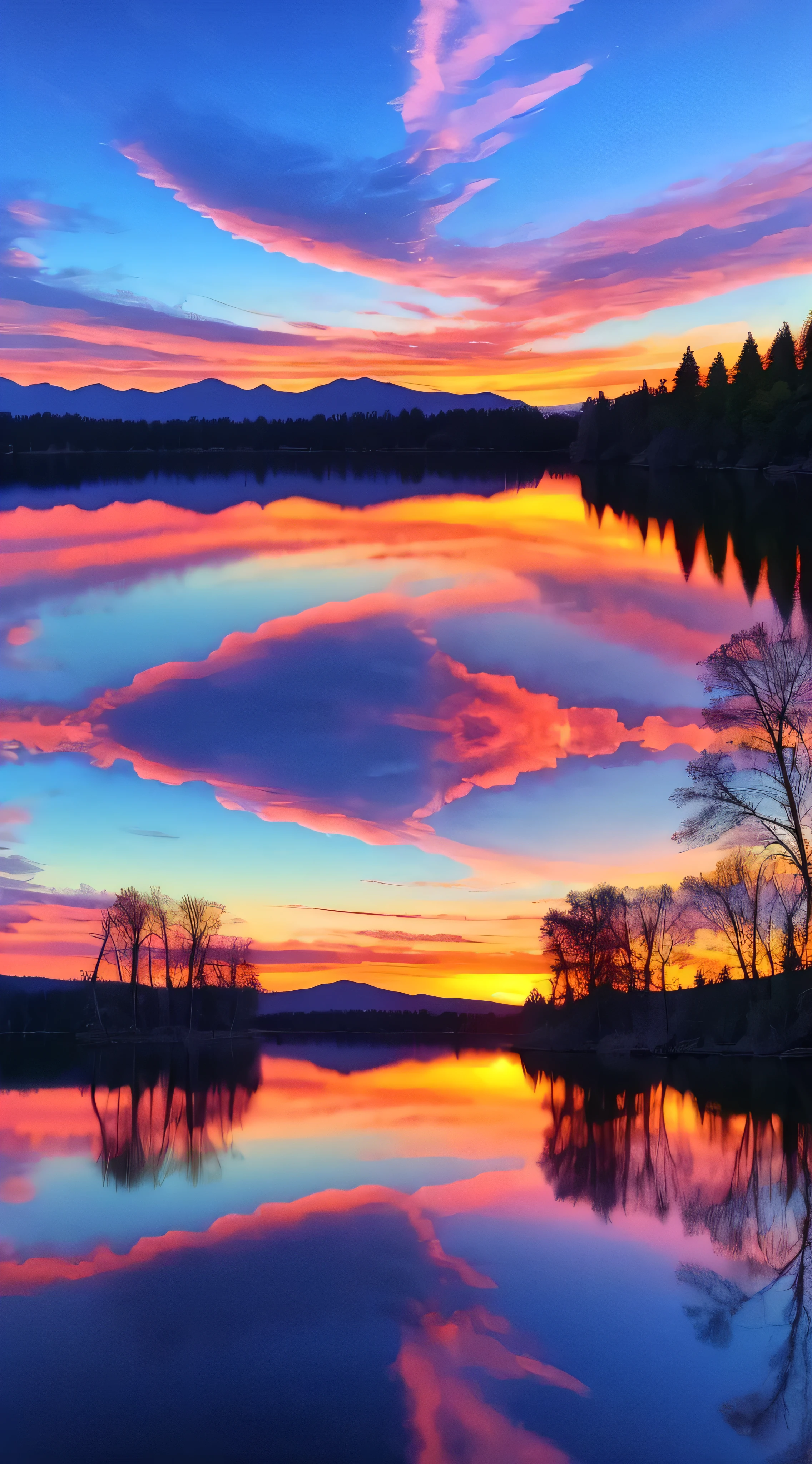 there is a beautiful sunset with a lake and trees in the background, colorful skies, surreal colors, colorful sunset, colorful sky, marvellous reflection of the sky, stunning sky, dream like atmosphere 8k, colorful clouds, colors reflecting on lake, surreal sky, red and blue reflections, fire reflection, beautiful sky, beautiful and spectacular dusk, beautiful dreamy landscape, amazing sky