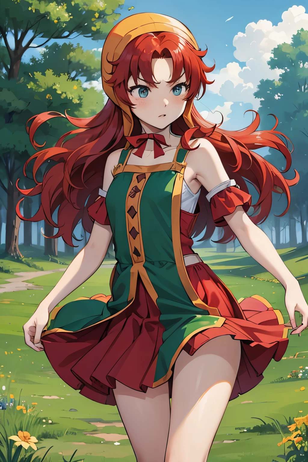 High resolution、highest quality、Small stature、Small shoulders、White skin、long hair、slender、maribel、 red hair、hood, (green dress)、Green Mini Dress、Big slit、blush、Thin thighs、White panties、The strong wind is blowing up her skirt、Daytime Grassland