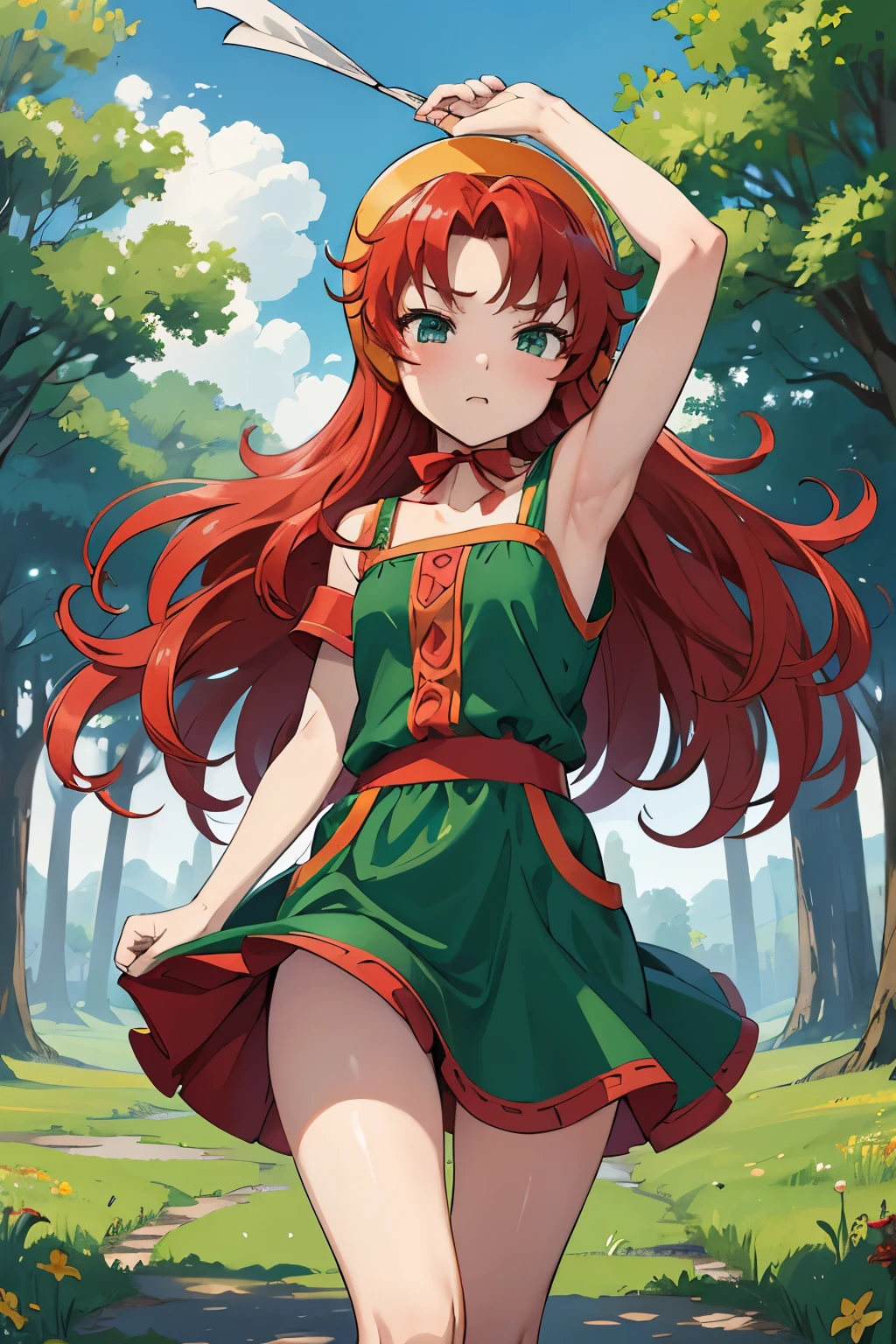 High resolution、highest quality、Small stature、Small shoulders、White skin、long hair、slender、maribel、 red hair、hood, (green dress)、Green Mini Dress、Big slit、blush、Thin thighs、White panties、The strong wind is blowing up her skirt、Daytime Grassland