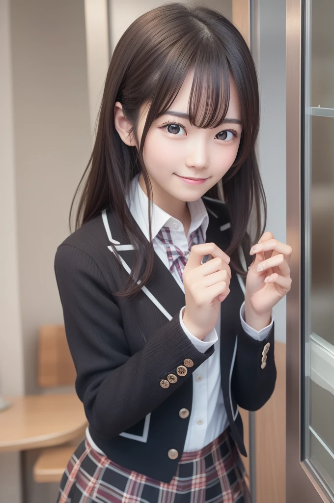 Yukiyuki Yukinoshita, Yukinoshita Yukino, Black Hair, Long Hair,
blazer,cardigan, Jacket, Plaid, Plaidskirt, , skirt, The room is expensive ,,
Take a break indoors, shabby room,
break looking at viewer, break (Tabletop:1.2), highest quality, High resolution, unity 8k wallpaper, (shape:0.8), (Beautiful details:1.6), Highly detailed face, Perfect lighting, Extremely detailed CG, (Perfect hands, Perfect Anatomy),Laughter,peace sign,