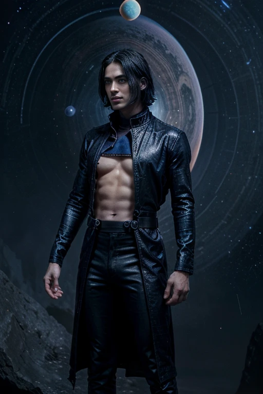 A male human figure who personifying the tarot of The Universe, dressed in indigo, black, blue black and black rayed blue, administrative intelligence, the Great One of the Night of Time, Saturn, Caza art, digital art
