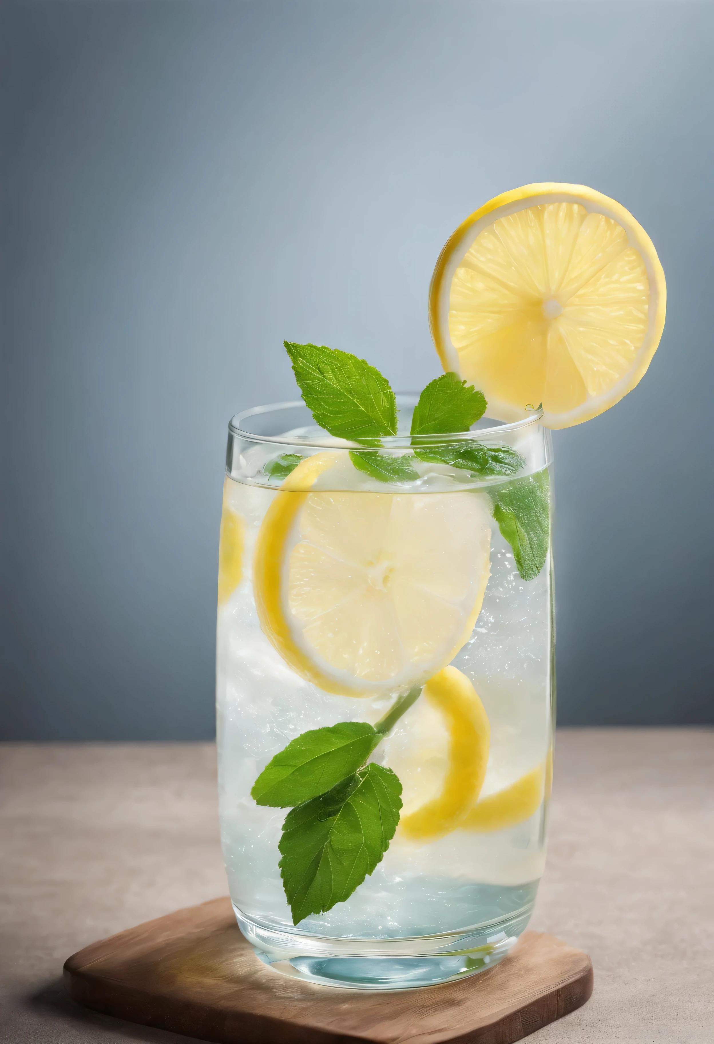 A refreshing cold drink is placed on the glass table，Serve with a slice of lemon and mint leaves. Looks so refreshing that you want to drink it right away, Balanced and saturated colors, High color depth, Very detailed, Details in the shadows, High image clarity, high resolution, No image noise, No artifacts