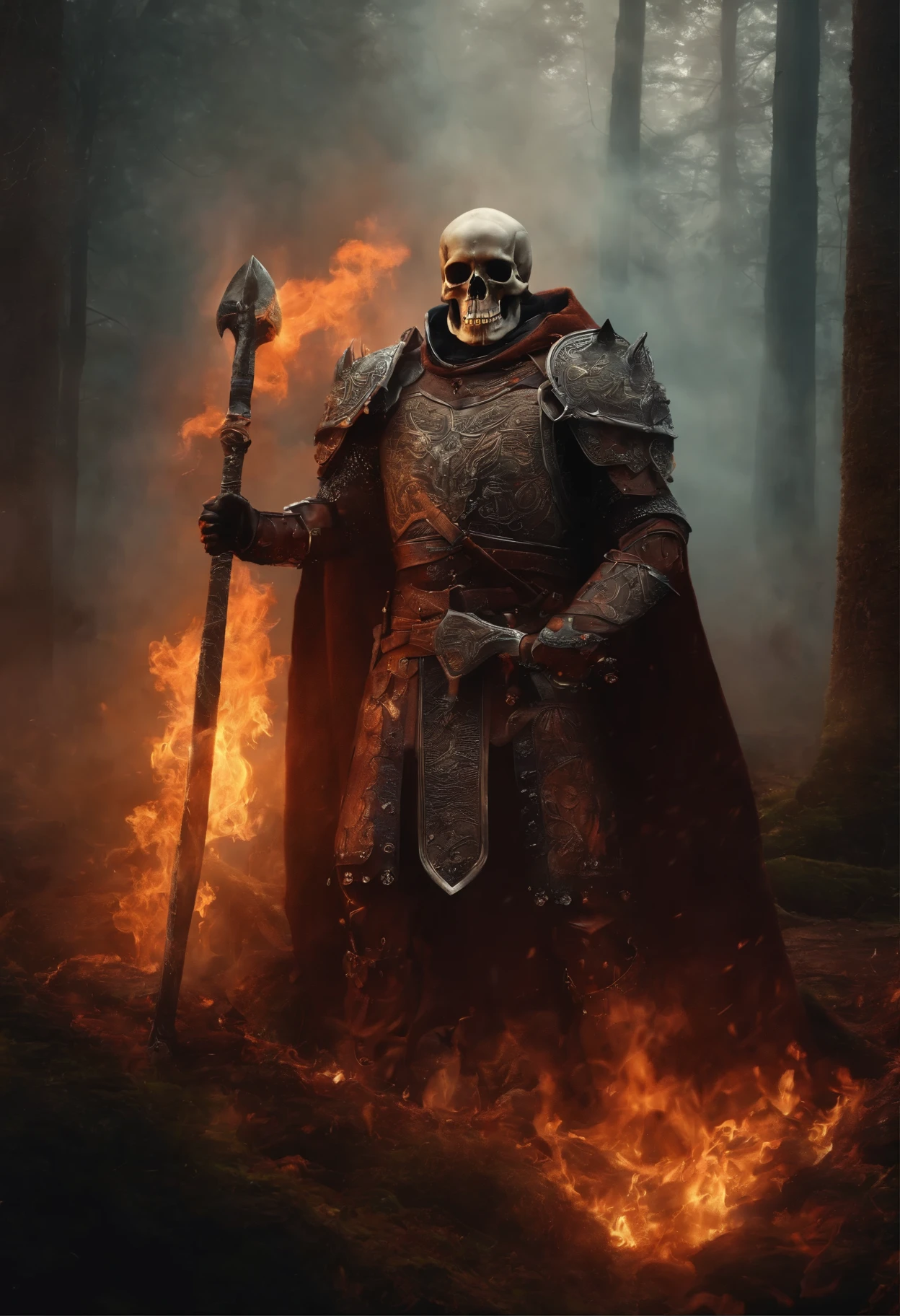 skull, flames, florest, medieval, gigant, axe, armor, fog,