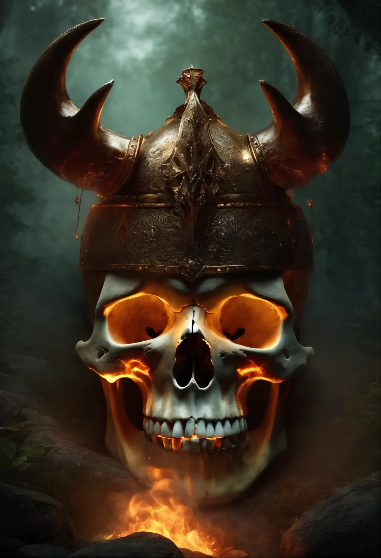 skull, flames, florest, medieval, gigant, axe, armor, fog,