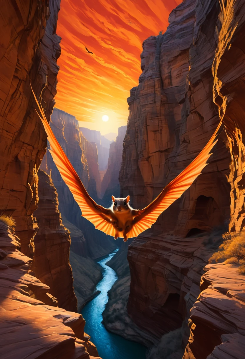 A flying_squirrel using its wide skin membrane to glide through the canyon illuminated by the setting sun. The sky is dyed orange red by the sunset, forming a sharp contrast with the deep canyon below, creating a spectacular and peaceful atmosphere. The figure of the flying squirrel appears particularly free, as if exploring this beautiful world without restraint, canyon, strong wind, best quality, masterpiece, very aesthetic, perfect composition, intricate details, ultra-detailed