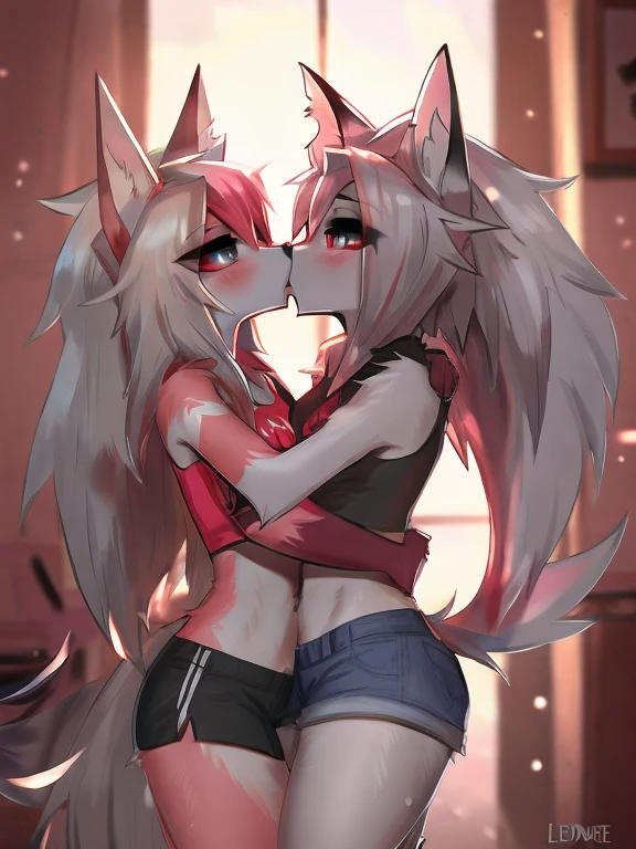 Art by lewdzure, Nazuna Hiwatashi, loona helluva boss,loona shorts,loona croptop, kissing, cinamatic lighting, 4k, detailed, masterpiece,pantalla completa, cuerpos completos.