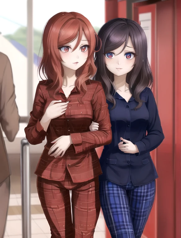 ,Nishikino maki, olhos roxos, cabelo vermelho, batom,blusa vermelha, ((tight pajama pants)),copos, pulseira, arte realista, tiro de vaqueiro, sensual, At the train station