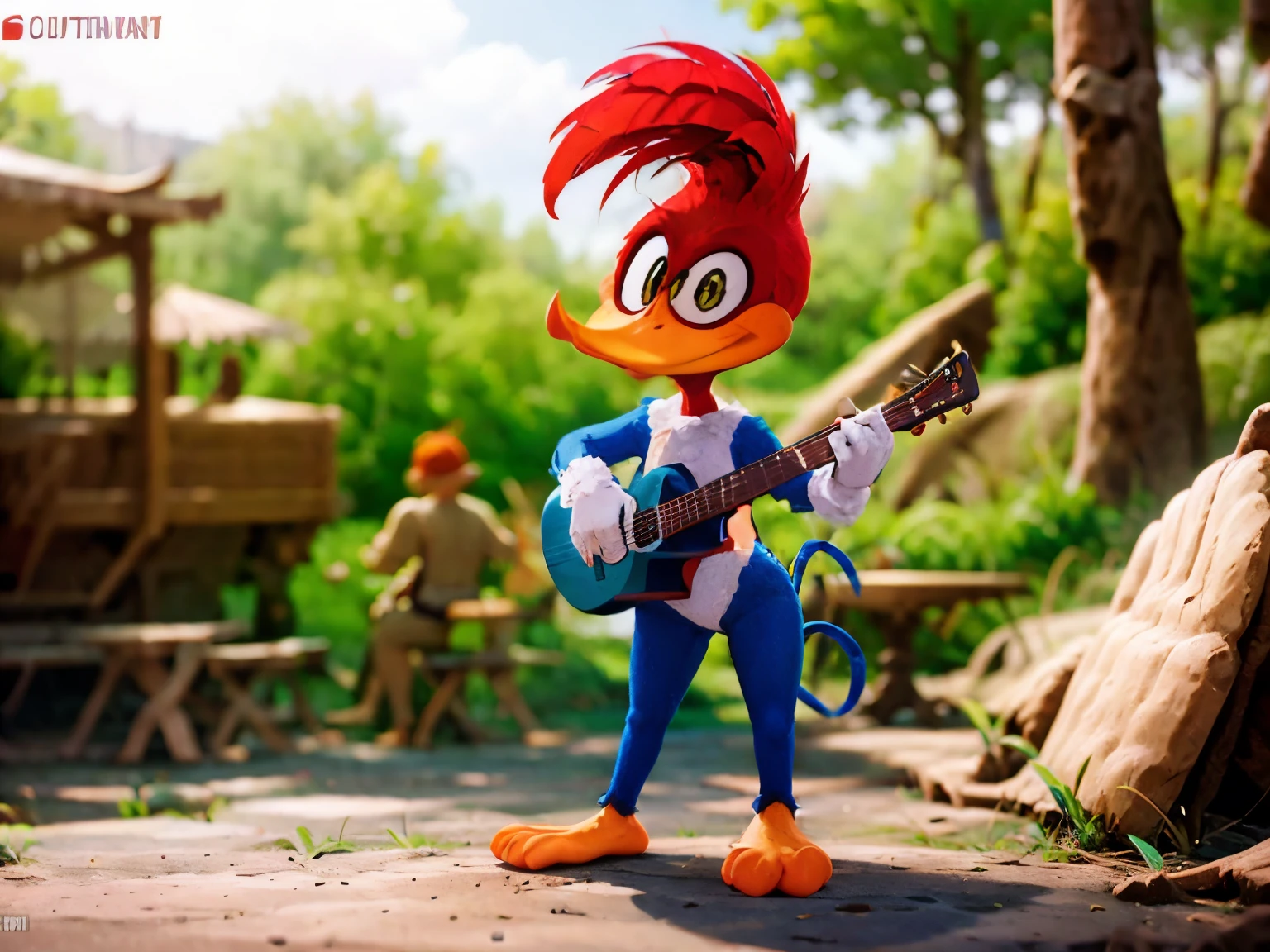 woody woodpecker wearing white bossa nova outfit, playing guittar, happy, cartoon style, comic book style, digital art, intricated details, 8k