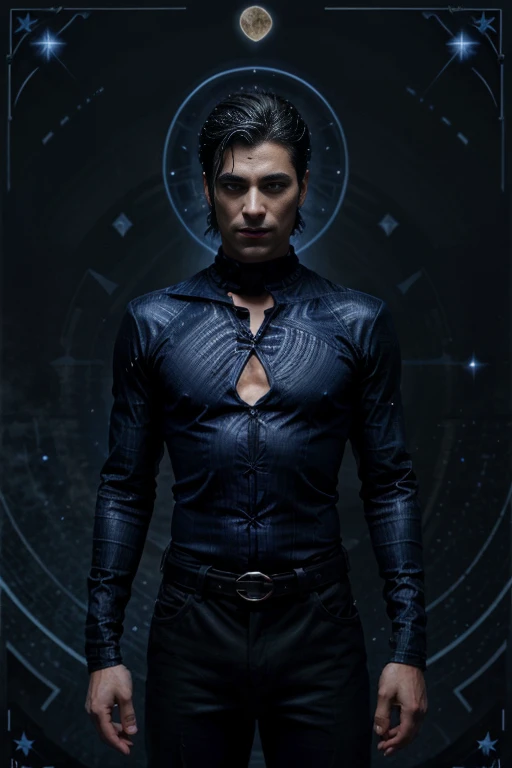 A male human figure who personifying the tarot of The Universe, dressed in indigo, black, blue black and black rayed blue, administrative intelligence, the Great One of the Night of Time, Saturn, Caza art, digital art