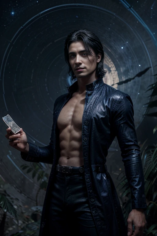 Realistically construct a representation of an extraordinarily attractive man, sexy and beautiful modeled in the nordic and masculine style, to be the cover of a music CD titled Black Hole