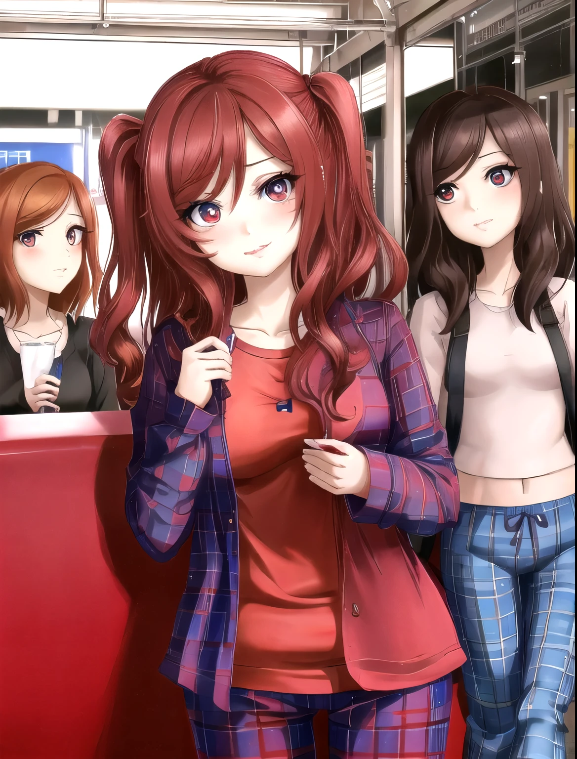 ,Nishikino maki, olhos roxos, cabelo vermelho, batom,blusa vermelha, ((tight pajama pants)),copos, pulseira, arte realista, tiro de vaqueiro, sensual, At the train station