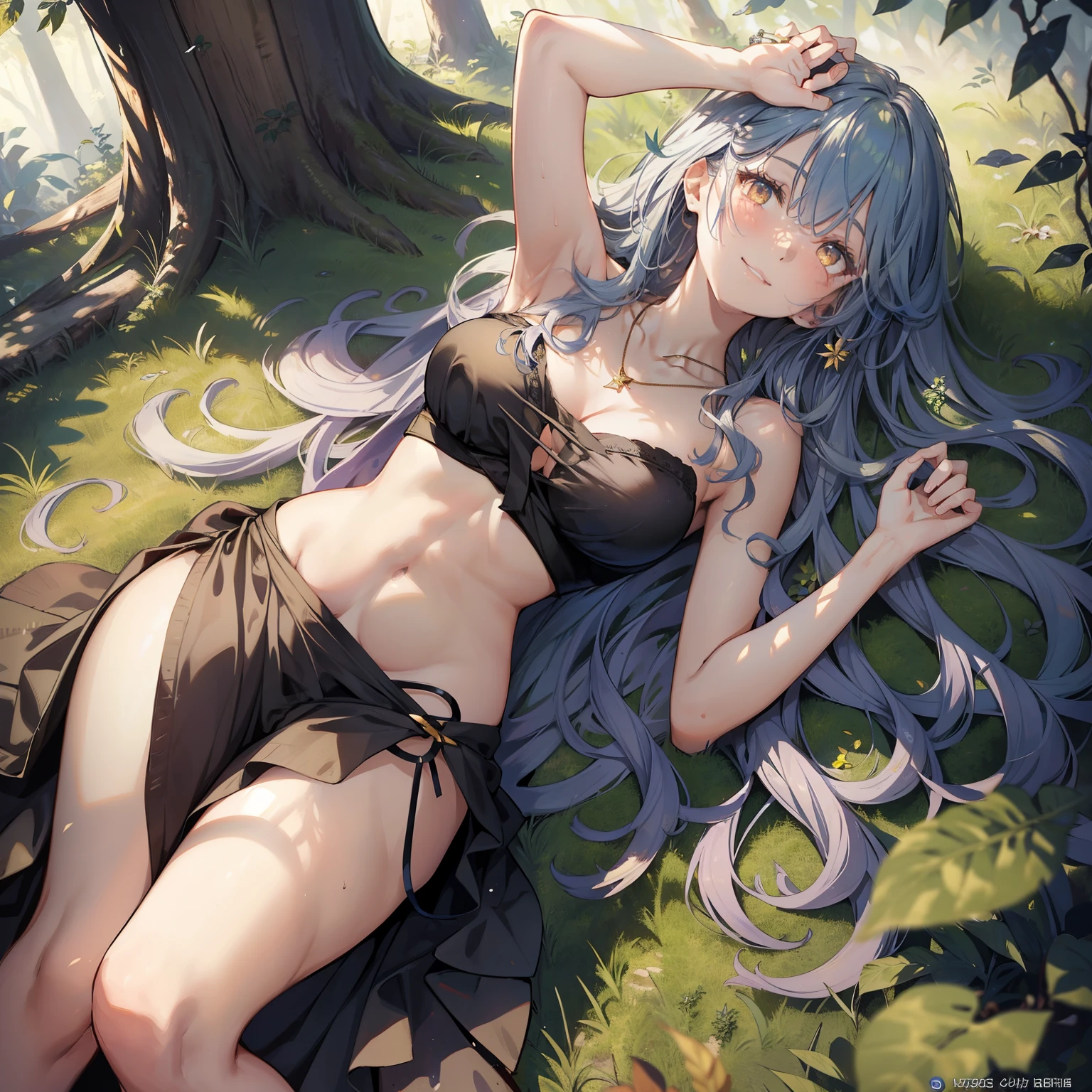 Masterpiece Top Quality High Resolution, A semi-nude woman, Long wavy hair, Leaning against a tree, Expressive Curves, in a forest setting, Seductive gaze, Cheeky smile,

Top-quality, Full-bodied, Realistic rendition, Slender waist, Hourglass figure, Green leaves and sunlight filtering through, Freckles scattered across shoulders,

Exposed midriff, High heels, Lavender colored gown, One hand covering her chest, revealing a golden pendant necklace, Engaging eyes, Sensual pout,

The delicate breeze rustling the leaves, Shadows dancing on forest floor, The woman's confident and all